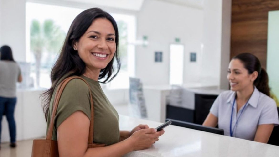 Brasileira num balcão de atendimento em Portugal com o telemóvel, ativando a Chave Móvel Digital