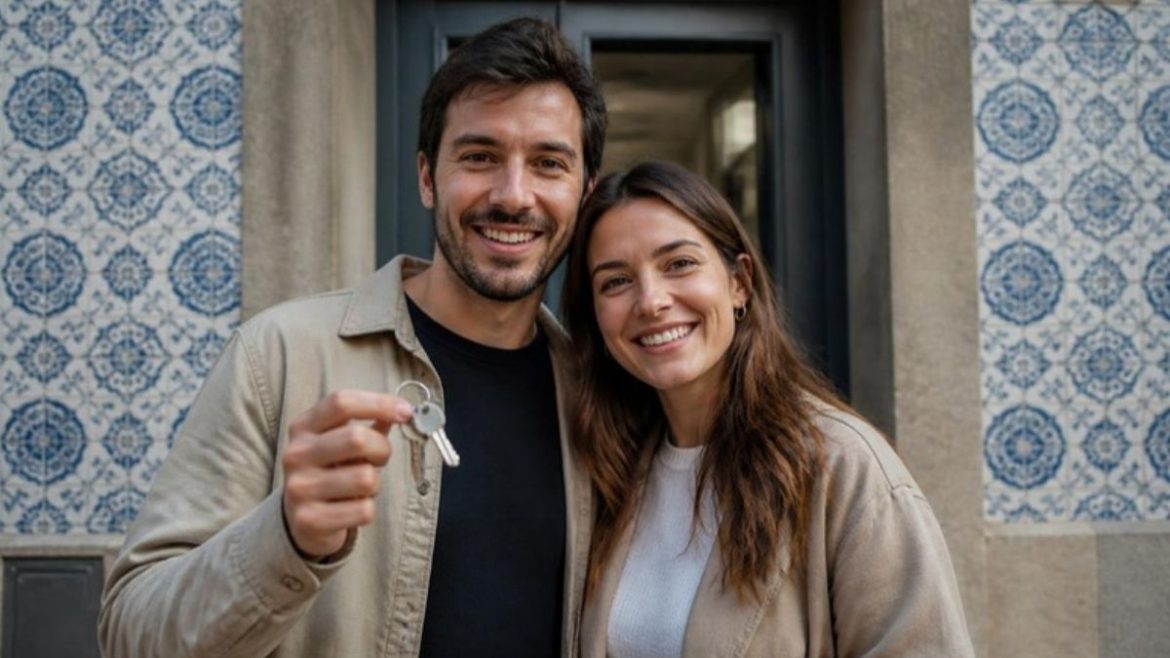 Casal jovem com as chaves da primeira casa em Portugal, comprada com o IMT Jovem