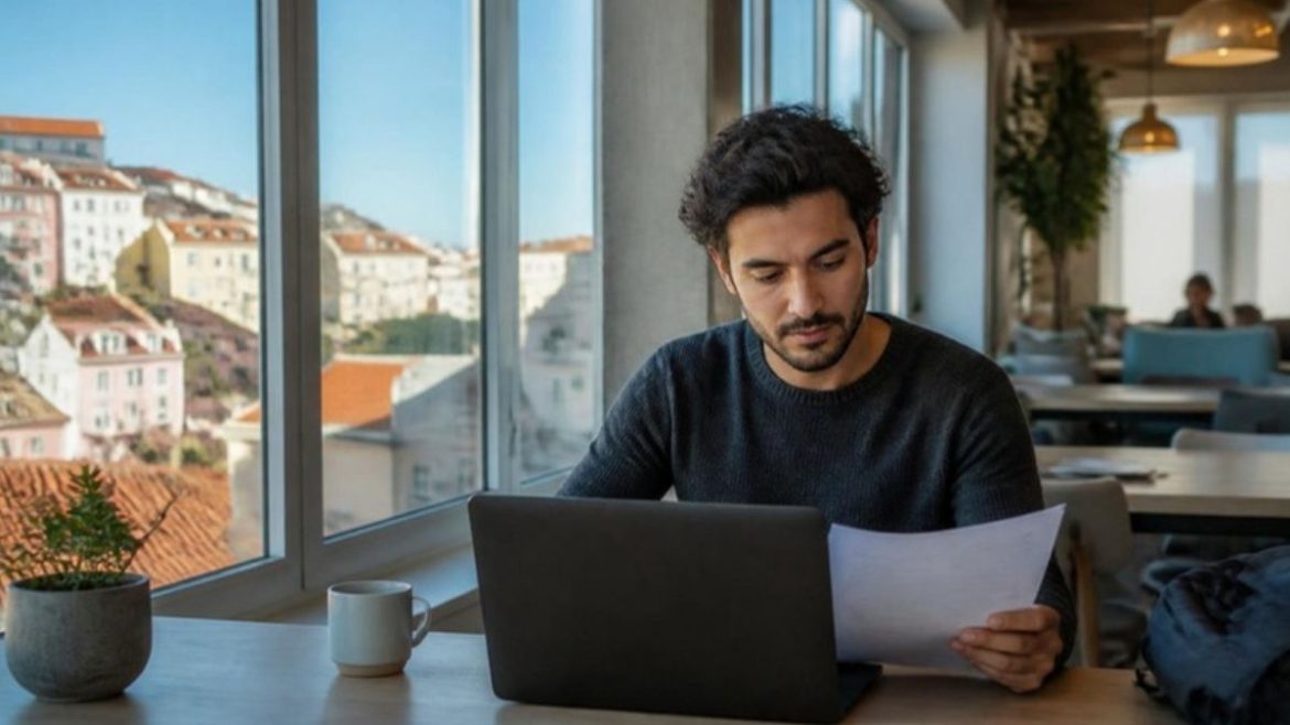 Jovem brasileiro a trabalhar em Lisboa e a conferir o IRS Jovem