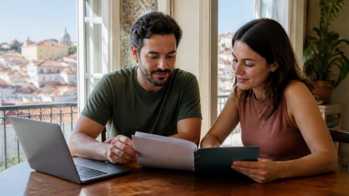 Casal brasileiro revisa documentos e laptop num apartamento em Lisboa, tema da nova Lei da Nacionalidade