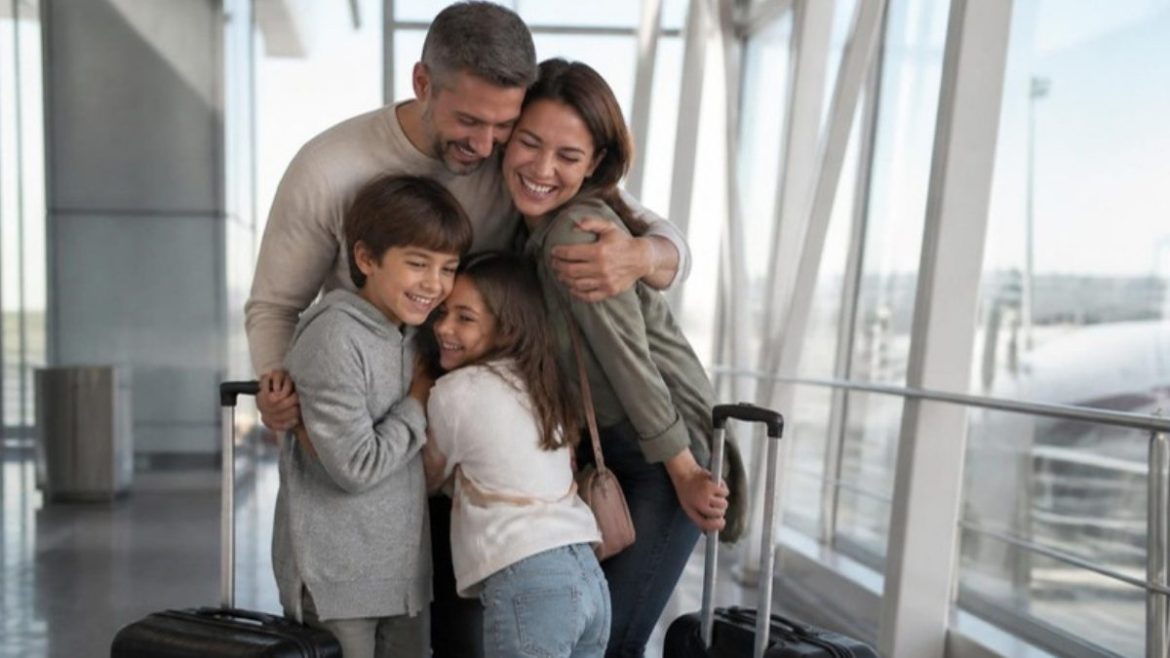 Família brasileira se abraça no aeroporto de Lisboa após o reagrupamento familiar em Portugal