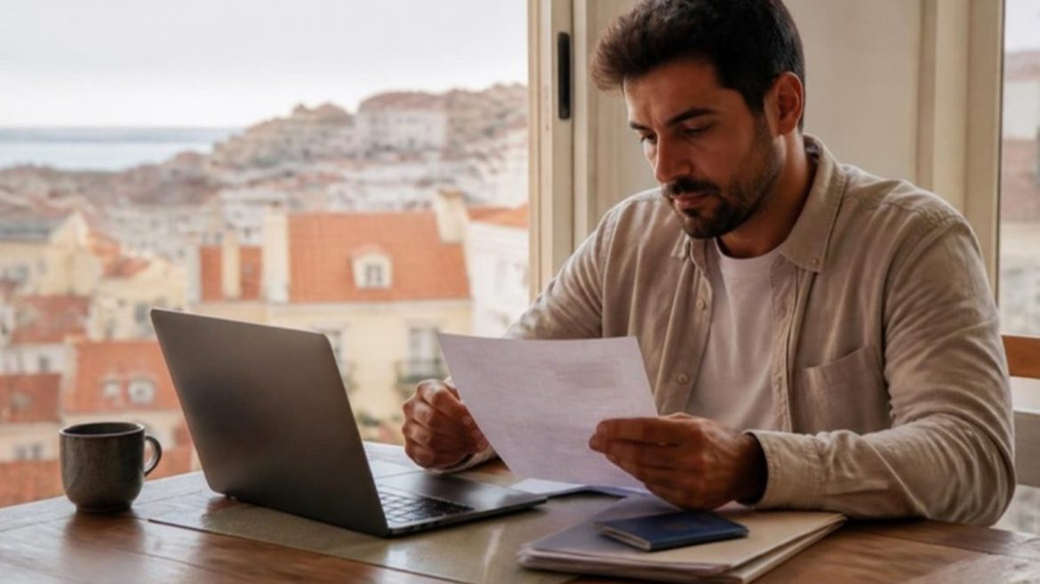Brasileiro analisa documentos e notebook em casa em Lisboa ao planejar o visto de procura de trabalho em Portugal